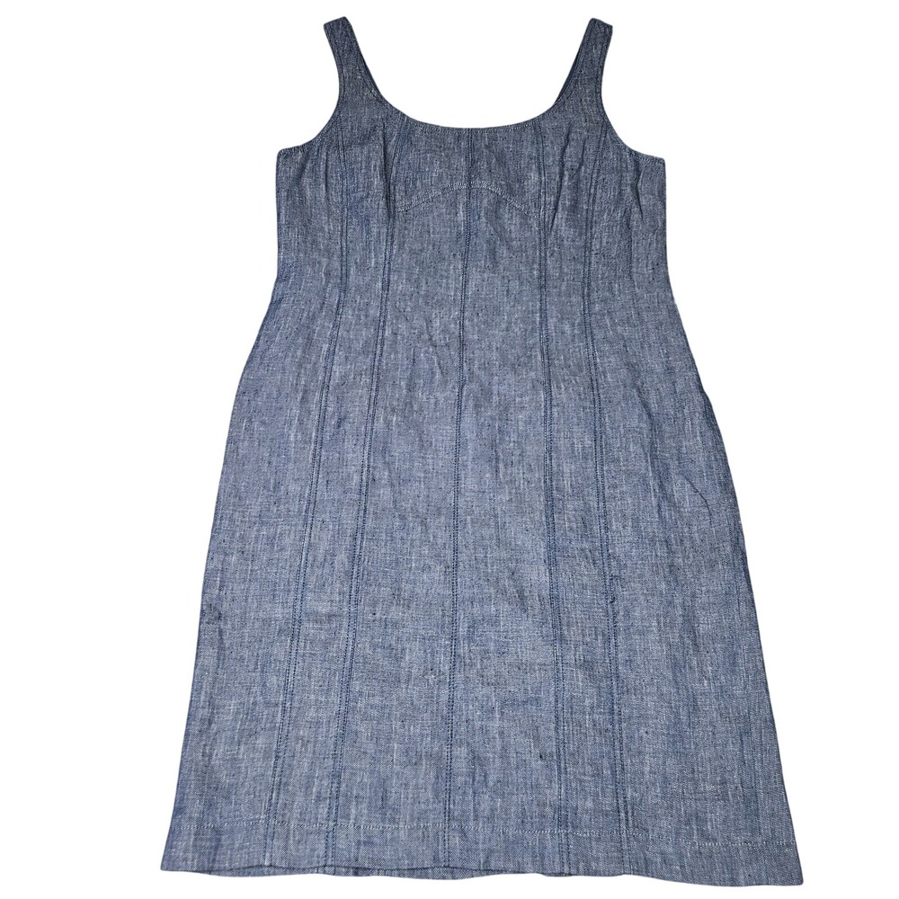 Talbots Denim Look Sheath Dress 12 Blue Sleeveless Scoop Neck Back Slit Classic